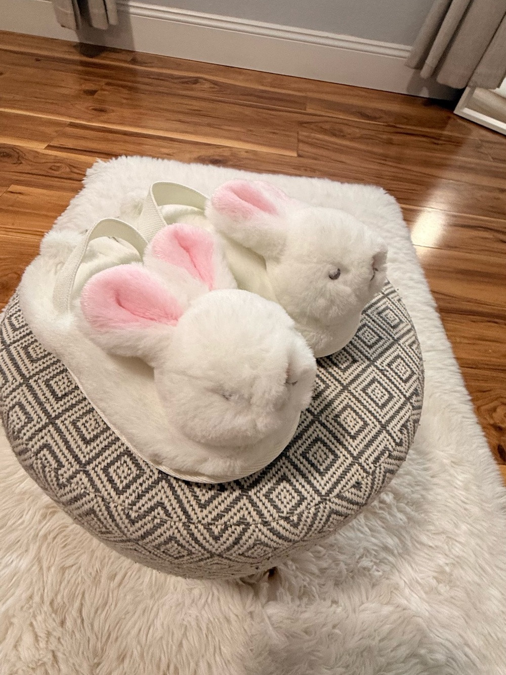 White Bunny Plush Slippers with Pink Ears for toddlers 7/8